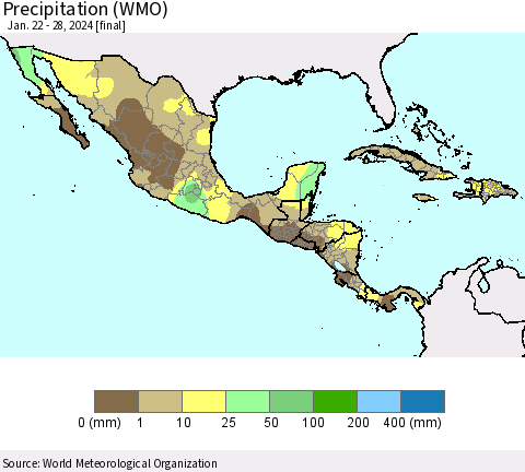 Mexico Central America and the Caribbean Precipitation (WMO) Thematic Map For 1/22/2024 - 1/28/2024