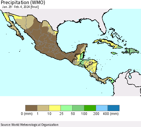 Mexico Central America and the Caribbean Precipitation (WMO) Thematic Map For 1/29/2024 - 2/4/2024
