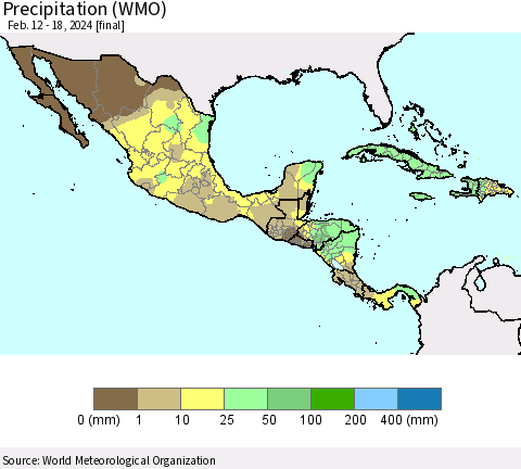 Mexico Central America and the Caribbean Precipitation (WMO) Thematic Map For 2/12/2024 - 2/18/2024