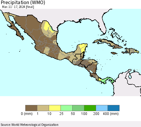 Mexico Central America and the Caribbean Precipitation (WMO) Thematic Map For 3/11/2024 - 3/17/2024