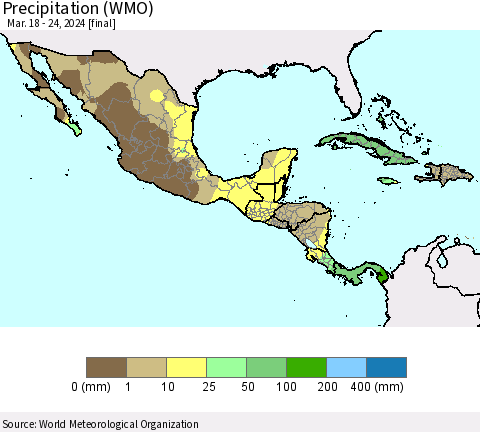 Mexico Central America and the Caribbean Precipitation (WMO) Thematic Map For 3/18/2024 - 3/24/2024