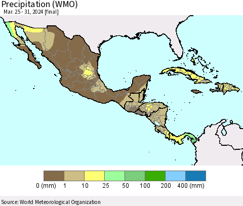 Mexico Central America and the Caribbean Precipitation (WMO) Thematic Map For 3/25/2024 - 3/31/2024
