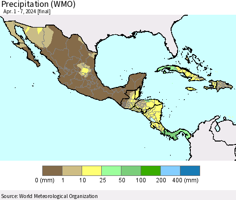 Mexico Central America and the Caribbean Precipitation (WMO) Thematic Map For 4/1/2024 - 4/7/2024
