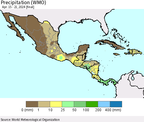 Mexico Central America and the Caribbean Precipitation (WMO) Thematic Map For 4/15/2024 - 4/21/2024