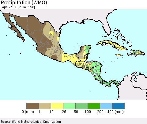 Mexico Central America and the Caribbean Precipitation (WMO) Thematic Map For 4/22/2024 - 4/28/2024