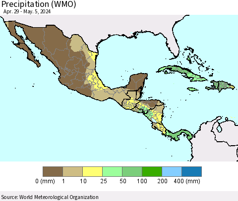 Mexico Central America and the Caribbean Precipitation (WMO) Thematic Map For 4/29/2024 - 5/5/2024