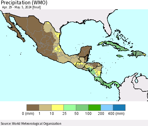 Mexico Central America and the Caribbean Precipitation (WMO) Thematic Map For 4/29/2024 - 5/5/2024