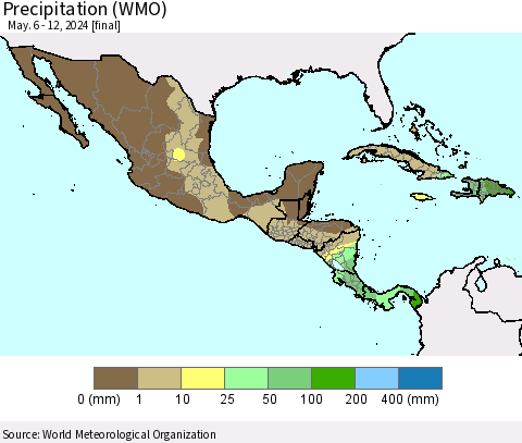 Mexico Central America and the Caribbean Precipitation (WMO) Thematic Map For 5/6/2024 - 5/12/2024