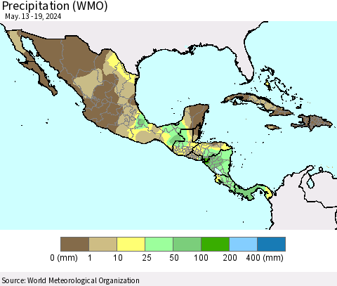 Mexico Central America and the Caribbean Precipitation (WMO) Thematic Map For 5/13/2024 - 5/19/2024