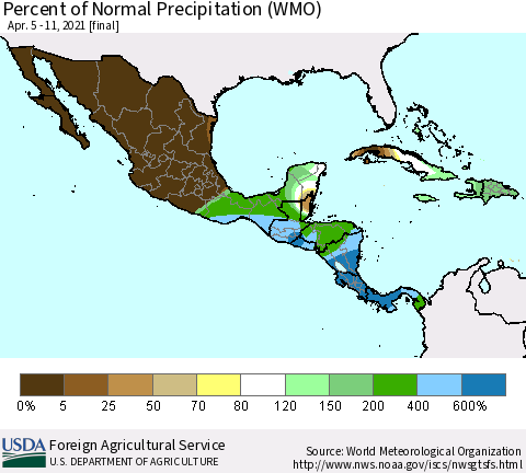 Mexico Central America and the Caribbean Percent of Normal Precipitation (WMO) Thematic Map For 4/5/2021 - 4/11/2021