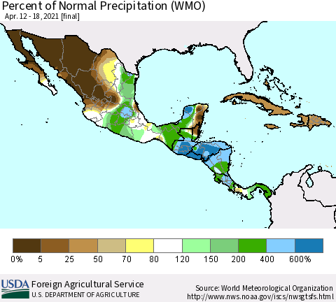 Mexico Central America and the Caribbean Percent of Normal Precipitation (WMO) Thematic Map For 4/12/2021 - 4/18/2021