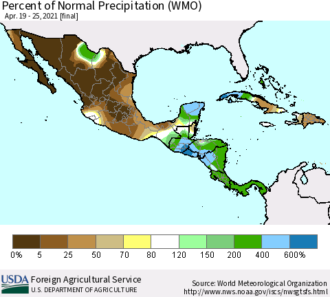 Mexico Central America and the Caribbean Percent of Normal Precipitation (WMO) Thematic Map For 4/19/2021 - 4/25/2021