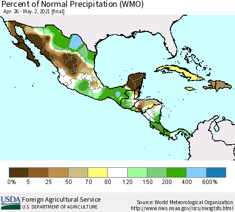 Mexico Central America and the Caribbean Percent of Normal Precipitation (WMO) Thematic Map For 4/26/2021 - 5/2/2021