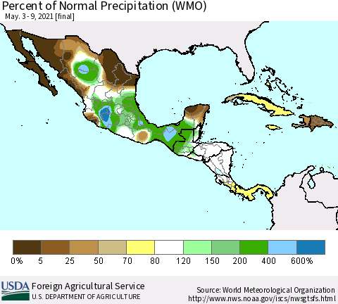Mexico Central America and the Caribbean Percent of Normal Precipitation (WMO) Thematic Map For 5/3/2021 - 5/9/2021
