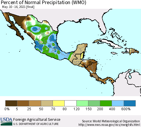 Mexico Central America and the Caribbean Percent of Normal Precipitation (WMO) Thematic Map For 5/10/2021 - 5/16/2021