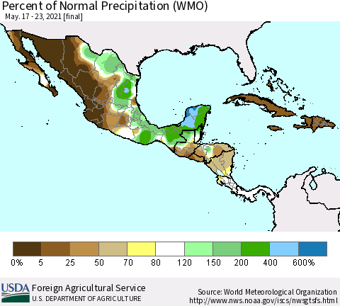 Mexico Central America and the Caribbean Percent of Normal Precipitation (WMO) Thematic Map For 5/17/2021 - 5/23/2021