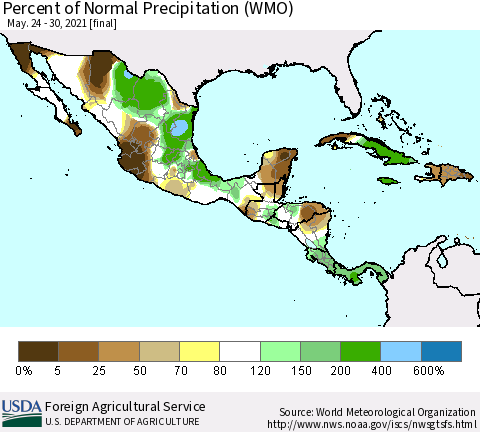 Mexico Central America and the Caribbean Percent of Normal Precipitation (WMO) Thematic Map For 5/24/2021 - 5/30/2021