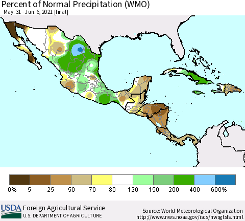 Mexico Central America and the Caribbean Percent of Normal Precipitation (WMO) Thematic Map For 5/31/2021 - 6/6/2021