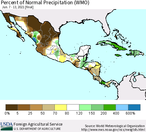 Mexico Central America and the Caribbean Percent of Normal Precipitation (WMO) Thematic Map For 6/7/2021 - 6/13/2021