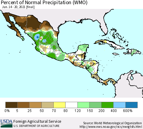 Mexico Central America and the Caribbean Percent of Normal Precipitation (WMO) Thematic Map For 6/14/2021 - 6/20/2021