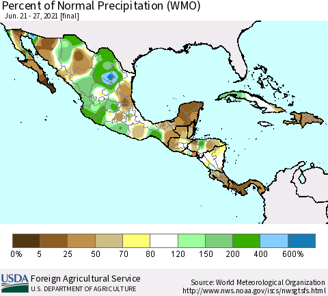 Mexico Central America and the Caribbean Percent of Normal Precipitation (WMO) Thematic Map For 6/21/2021 - 6/27/2021