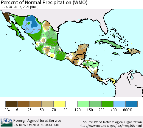 Mexico Central America and the Caribbean Percent of Normal Precipitation (WMO) Thematic Map For 6/28/2021 - 7/4/2021