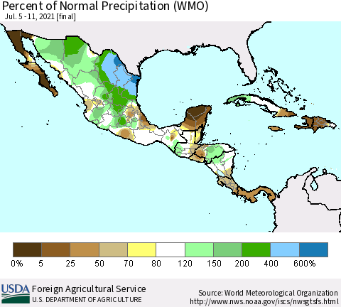 Mexico Central America and the Caribbean Percent of Normal Precipitation (WMO) Thematic Map For 7/5/2021 - 7/11/2021