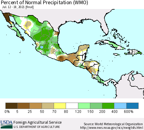Mexico Central America and the Caribbean Percent of Normal Precipitation (WMO) Thematic Map For 7/12/2021 - 7/18/2021