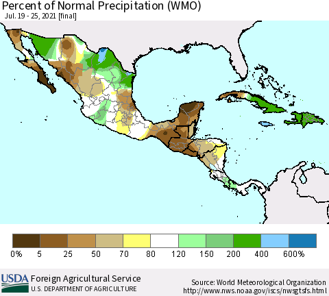 Mexico Central America and the Caribbean Percent of Normal Precipitation (WMO) Thematic Map For 7/19/2021 - 7/25/2021