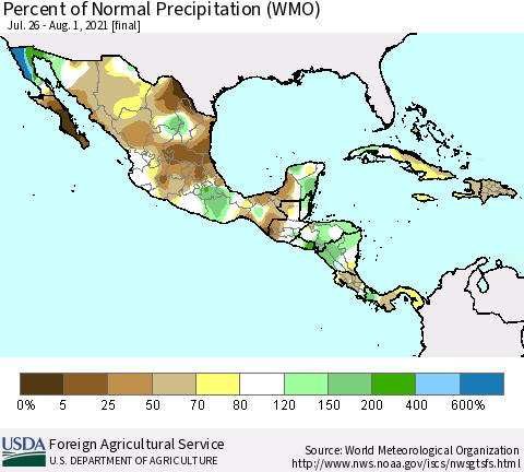Mexico Central America and the Caribbean Percent of Normal Precipitation (WMO) Thematic Map For 7/26/2021 - 8/1/2021