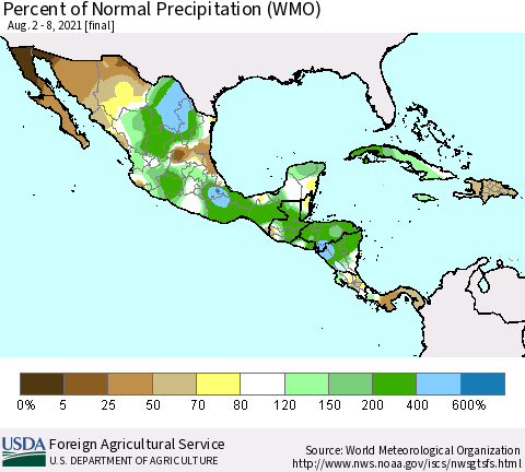Mexico Central America and the Caribbean Percent of Normal Precipitation (WMO) Thematic Map For 8/2/2021 - 8/8/2021