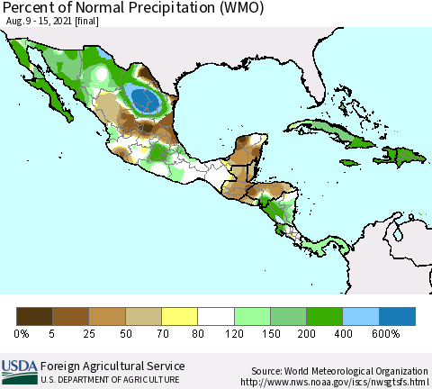 Mexico Central America and the Caribbean Percent of Normal Precipitation (WMO) Thematic Map For 8/9/2021 - 8/15/2021