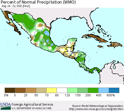 Mexico Central America and the Caribbean Percent of Normal Precipitation (WMO) Thematic Map For 8/16/2021 - 8/22/2021