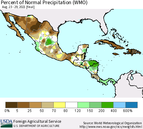 Mexico Central America and the Caribbean Percent of Normal Precipitation (WMO) Thematic Map For 8/23/2021 - 8/29/2021