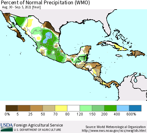 Mexico Central America and the Caribbean Percent of Normal Precipitation (WMO) Thematic Map For 8/30/2021 - 9/5/2021