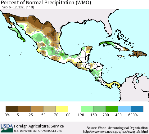 Mexico Central America and the Caribbean Percent of Normal Precipitation (WMO) Thematic Map For 9/6/2021 - 9/12/2021