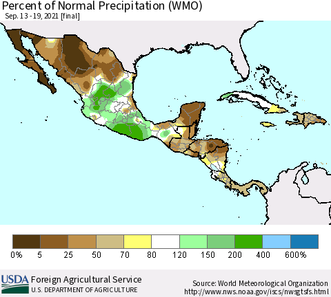 Mexico Central America and the Caribbean Percent of Normal Precipitation (WMO) Thematic Map For 9/13/2021 - 9/19/2021