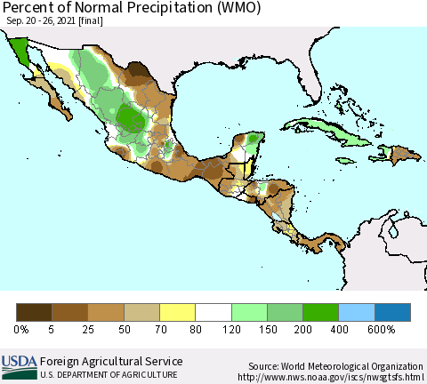 Mexico Central America and the Caribbean Percent of Normal Precipitation (WMO) Thematic Map For 9/20/2021 - 9/26/2021