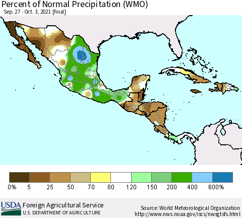 Mexico Central America and the Caribbean Percent of Normal Precipitation (WMO) Thematic Map For 9/27/2021 - 10/3/2021