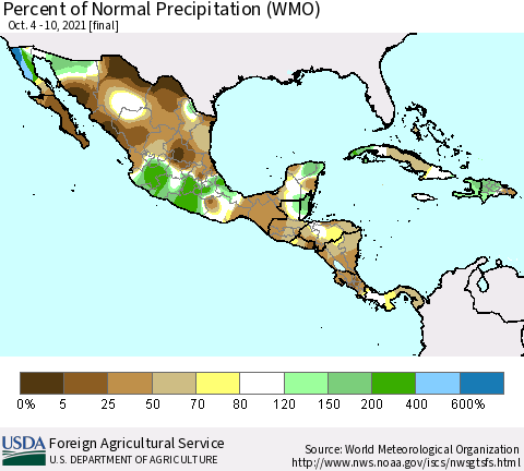 Mexico Central America and the Caribbean Percent of Normal Precipitation (WMO) Thematic Map For 10/4/2021 - 10/10/2021