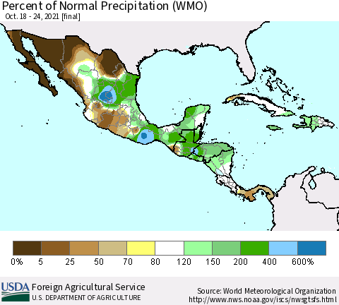 Mexico Central America and the Caribbean Percent of Normal Precipitation (WMO) Thematic Map For 10/18/2021 - 10/24/2021