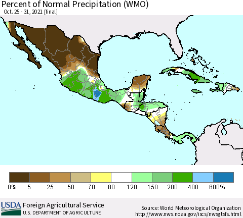 Mexico Central America and the Caribbean Percent of Normal Precipitation (WMO) Thematic Map For 10/25/2021 - 10/31/2021