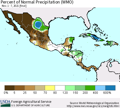 Mexico Central America and the Caribbean Percent of Normal Precipitation (WMO) Thematic Map For 11/1/2021 - 11/7/2021