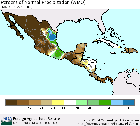 Mexico Central America and the Caribbean Percent of Normal Precipitation (WMO) Thematic Map For 11/8/2021 - 11/14/2021
