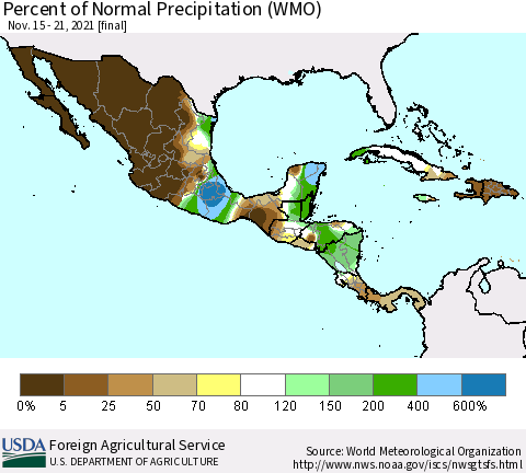 Mexico Central America and the Caribbean Percent of Normal Precipitation (WMO) Thematic Map For 11/15/2021 - 11/21/2021