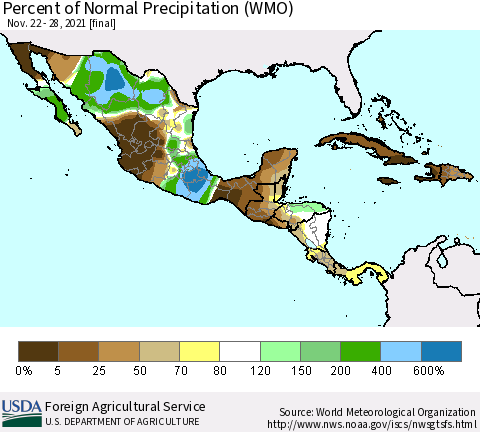 Mexico Central America and the Caribbean Percent of Normal Precipitation (WMO) Thematic Map For 11/22/2021 - 11/28/2021