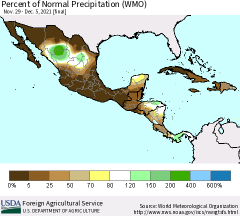 Mexico Central America and the Caribbean Percent of Normal Precipitation (WMO) Thematic Map For 11/29/2021 - 12/5/2021