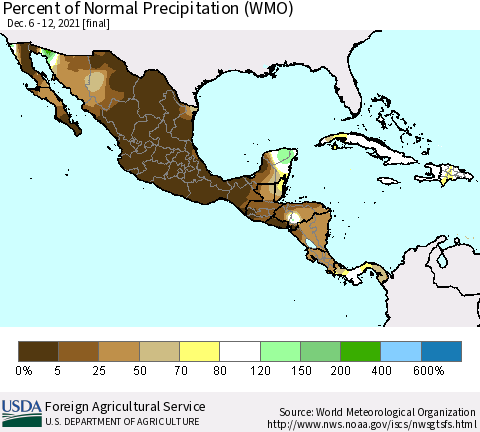 Mexico Central America and the Caribbean Percent of Normal Precipitation (WMO) Thematic Map For 12/6/2021 - 12/12/2021