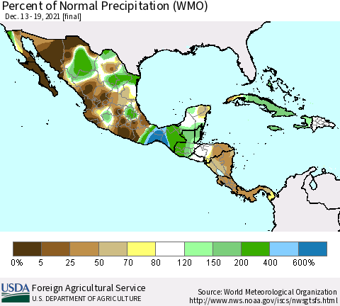 Mexico Central America and the Caribbean Percent of Normal Precipitation (WMO) Thematic Map For 12/13/2021 - 12/19/2021