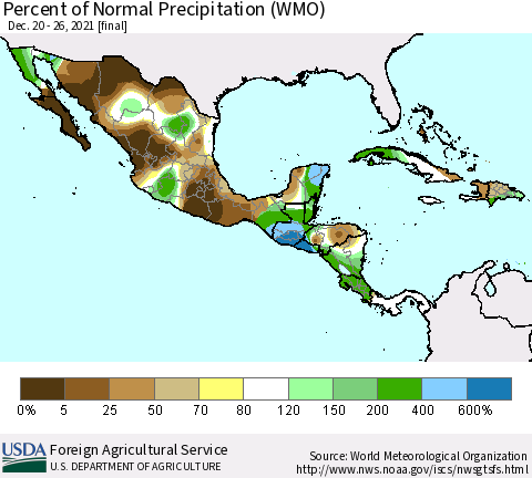 Mexico Central America and the Caribbean Percent of Normal Precipitation (WMO) Thematic Map For 12/20/2021 - 12/26/2021